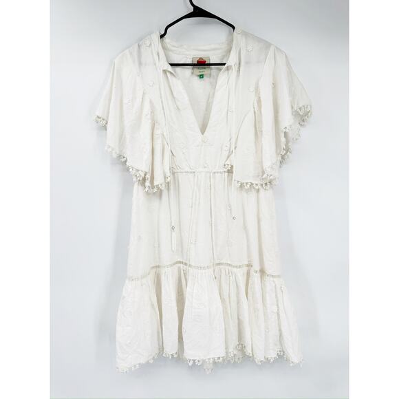 Farm Rio White 3D Flower Flutter Sleeve A-Line Resort Mini Dress Size Medium - Picture 2 of 6
